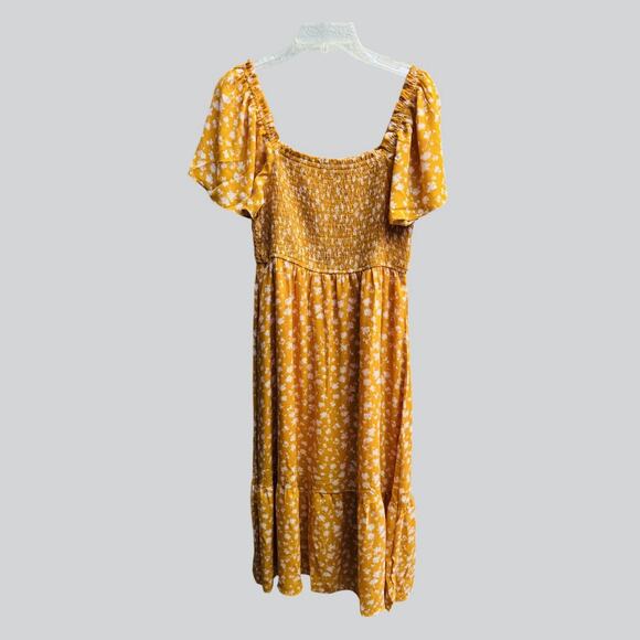 Gold Floral Flutter Sleeve Milkmaid Smocked Midi Dress Whimsical L - Picture 8 of 10